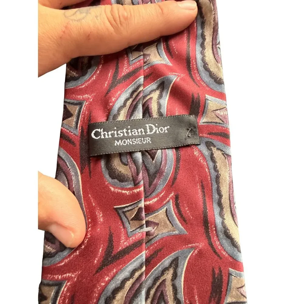 Christian Dior Monsieur Silk Tie Red Geo Pattern Made in Italy Vintage Designer